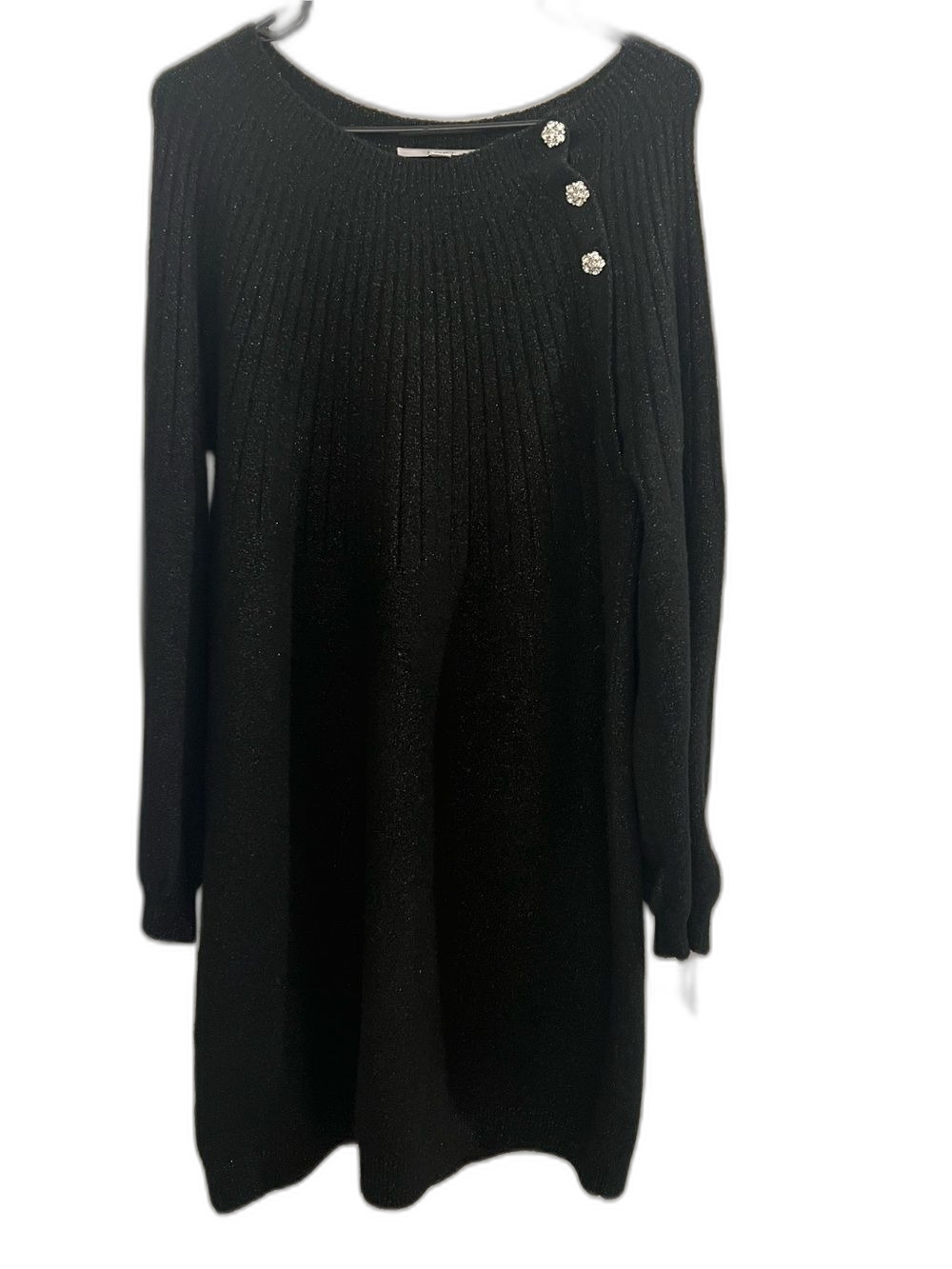 LOFT Black Knit Sweater Dress Tunic Long Sleeve Gold Button Detail Size L